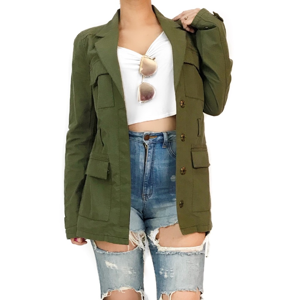 Elizabeth and James military style green jacket